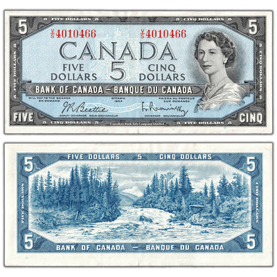 $5 1954 Bank of Canada Note Beattie-Rasminsky V/S Prefix BC-39b - EF