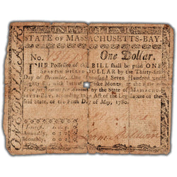SOLD United States 1780 $1 State of Massachusetts-Bay Continental Note - Hole/Tears