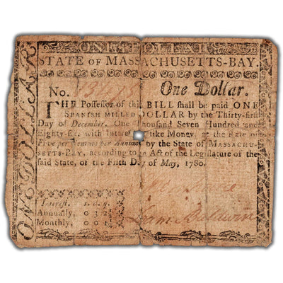 SOLD United States 1780 $1 State of Massachusetts-Bay Continental Note - Hole/Tears