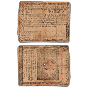United States 1780 $1 State of Massachusetts-Bay Continental Note - Hole/Tears