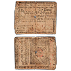 SOLD United States 1780 $1 State of Massachusetts-Bay Continental Note - Hole/Tears