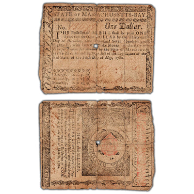 SOLD United States 1780 $1 State of Massachusetts-Bay Continental Note - Hole/Tears