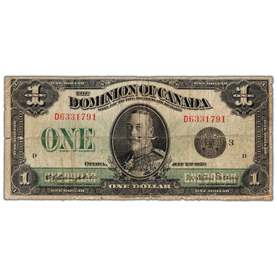 $1 1923 Dominion of Canada Note Black Seal Series D DC-25n - Holes/Tears