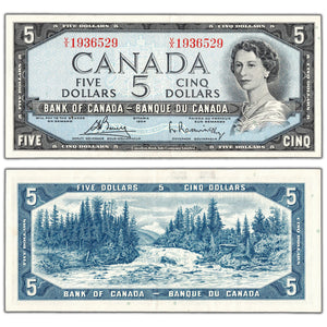 $5 1954 Bank of Canada Note Bouey-Rasminsky V/X Prefix BC-39c - EF+