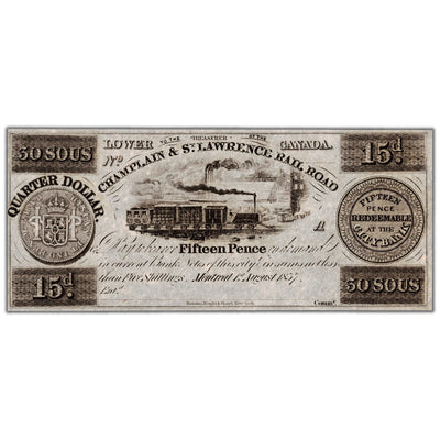 30 Sous 15 Pence 1837 Champlain & St. Lawrence Rail Road Note Remainder Note - UNC
