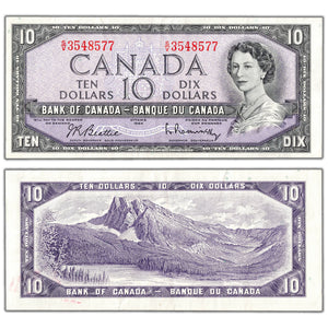 $10 1954 Bank of Canada Note Beattie-Rasminsky S/V Prefix BC-40b - VF/EF