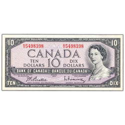 SOLD $10 1954 Bank of Canada Note Beattie-Rasminsky K/V Prefix BC-40b - AU+
