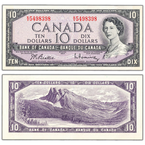 $10 1954 Bank of Canada Note Beattie-Rasminsky K/V Prefix BC-40b - AU+