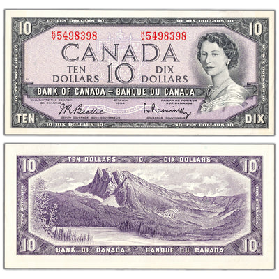 SOLD $10 1954 Bank of Canada Note Beattie-Rasminsky K/V Prefix BC-40b - AU+