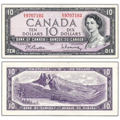 SOLD $10 1954 Bank of Canada Note Beattie-Rasminsky K/V Prefix BC-40b - EF/AU