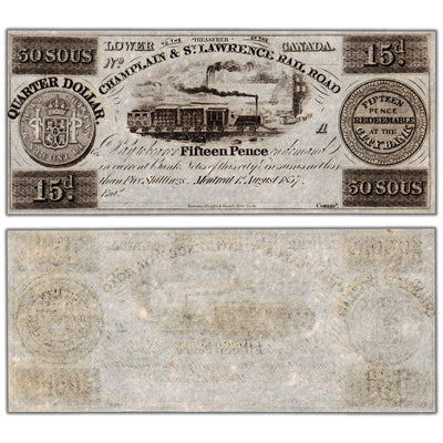 30 Sous 15 Pence 1837 Champlain & St. Lawrence Rail Road Note Remainder Note - UNC