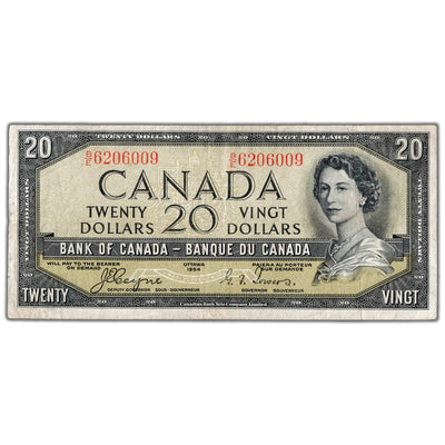SOLD $20 1954 Bank of Canada Note Devil Face B/E Prefix BC-33a - Fine