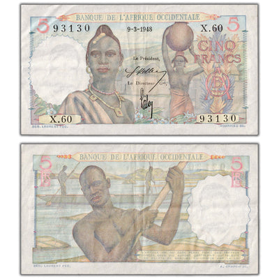 French West Africa 1938 5 Five Francs Note P #36 - Crisp VF/EF