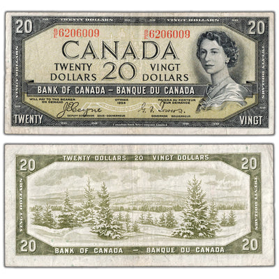 SOLD $20 1954 Bank of Canada Note Devil Face B/E Prefix BC-33a - Fine