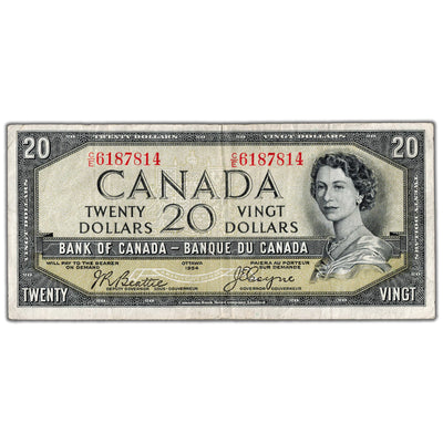 SOLD $20 1954 Bank of Canada Note Devil Face C/E Prefix BC-33b - F/VF