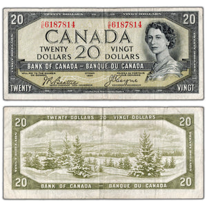 $20 1954 Bank of Canada Note Devil Face C/E Prefix BC-33b - F/VF