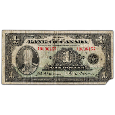 SOLD $1 1935 Bank of Canada Note Letter 'A' English Text BC-1 - Missing Corner