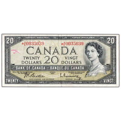 SOLD $20 1954 Bank of Canada Note *A/E Replacement Prefix BC-41bA - VF (writing)