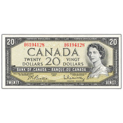SOLD $20 1954 Bank of Canada Note Beattie-Rasminsky G/W Prefix BC-41b - AU