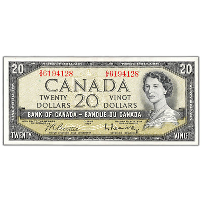 SOLD $20 1954 Bank of Canada Note Beattie-Rasminsky G/W Prefix BC-41b - AU