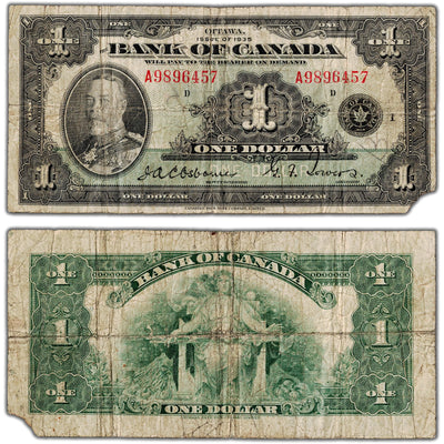 SOLD $1 1935 Bank of Canada Note Letter 'A' English Text BC-1 - Missing Corner