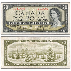 $20 1954 Bank of Canada Note Devil Face C/E Prefix BC-33b - Fine