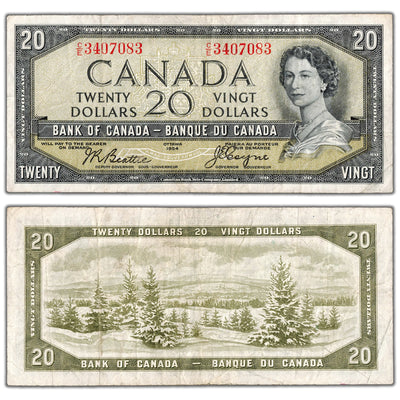 SOLD $20 1954 Bank of Canada Note Devil Face C/E Prefix BC-33b - Fine