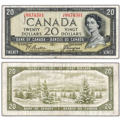 $20 1954 Bank of Canada Note Devil Face D/E Prefix BC-33b - F/VF (pencil)