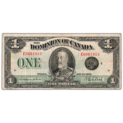 $1 1923 Dominion of Canada Note Black Seal Series E DC-25o - F/VF (ink)