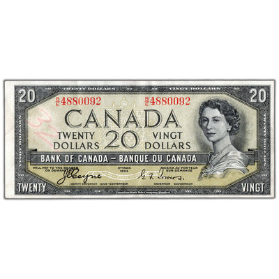 SOLD $20 1954 Bank of Canada Note Devil Face B/E Prefix BC-33a - VF+ (writing)