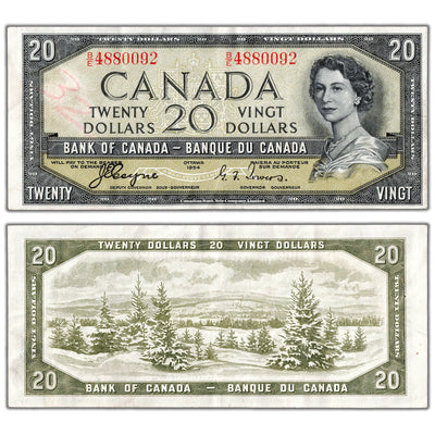 SOLD $20 1954 Bank of Canada Note Devil Face B/E Prefix BC-33a - VF+ (writing)