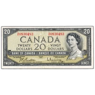 $20 1954 Bank of Canada Note Beattie-Rasminsky S/E Prefix BC-41b - VF/EF