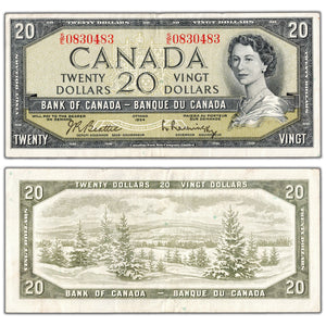 $20 1954 Bank of Canada Note Beattie-Rasminsky S/E Prefix BC-41b - VF/EF