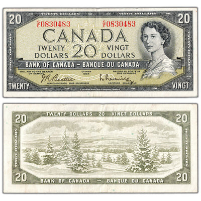$20 1954 Bank of Canada Note Beattie-Rasminsky S/E Prefix BC-41b - VF/EF