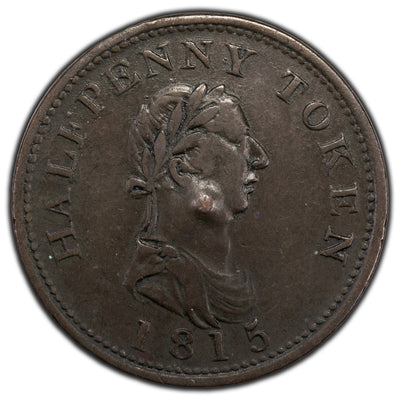 Nova Scotia 1815 Slender Bust 7 Leaves Halfpenny Token NS-25A2 - Damage