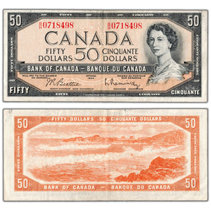 $50 1954 Bank of Canada Note Beattie-Rasminsky B/H Prefix BC-42b - VF