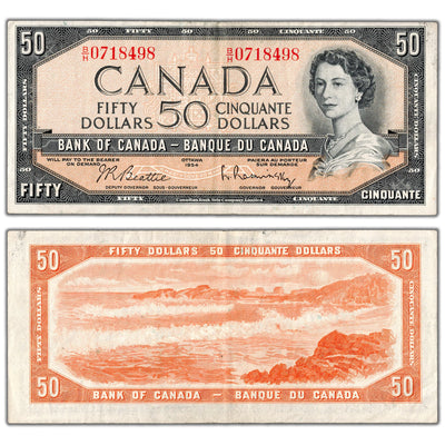 SOLD $50 1954 Bank of Canada Note Beattie-Rasminsky B/H Prefix BC-42b - VF