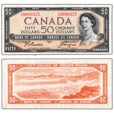 SOLD $50 1954 Bank of Canada Note Beattie-Coyne A/H Prefix BC-42a - VF