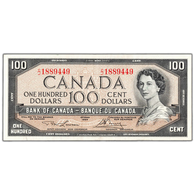 SOLD $100 1954 Bank of Canada Note Lawson-Bouey C/J Prefix BC-43c - About EF