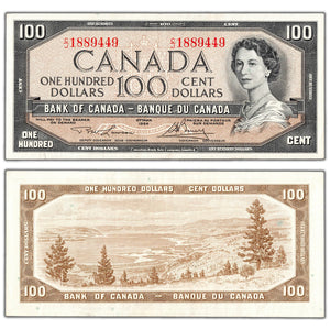 $100 1954 Bank of Canada Note Lawson-Bouey C/J Prefix BC-43c - About EF