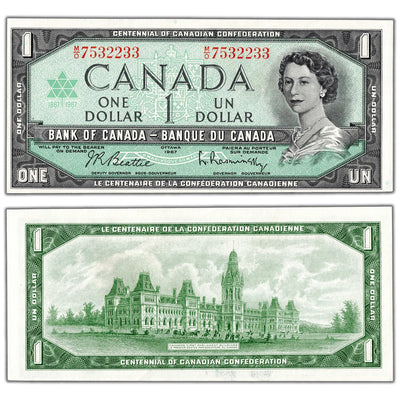 SOLD $1 1967 Bank of Canada Note Beattie-Rasminsky M/O Prefix BC-45b - AU-58