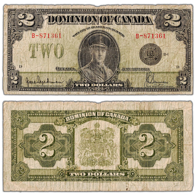 SOLD $2 1923 Dominion of Canada Note Black Seal Series B DC-26a - Circulated