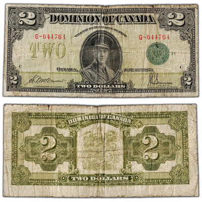SOLD $2 1923 Dominion of Canada Note Green Seal Series G DC-26d - Circulated