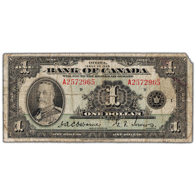 $1 1935 Bank of Canada Note English Text Letter 'A' BC-1 - Missing Corner