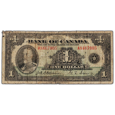 $1 1935 Bank of Canada Note English Text Letter 'A' BC-1 - G/VG