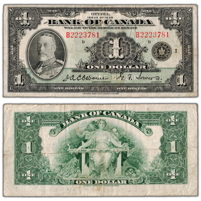 $1 1935 Bank of Canada Note English Text Letter 'B' BC-1 - F/VF