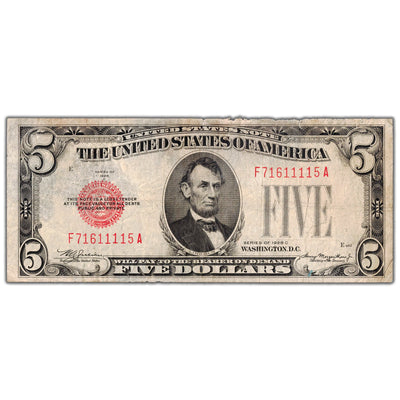 SOLD United States 1928 $5 Note Red Seal Fr. 1528 - Circulated
