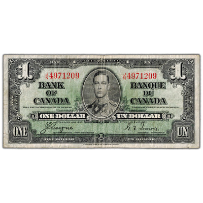 $1 1937 Bank of Canada Note Coyne-Towers J/N Prefix BC-21d - Fine (minor tears)