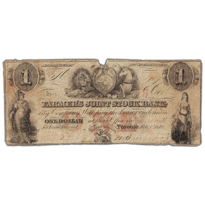 Front view of Farmers Joint Stock Bank 1849 one dollar banknote with 5 overprint, issue number 280-14-04-02, inventory fsjb015, showing a missing small piece.