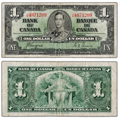 $1 1937 Bank of Canada Note Coyne-Towers J/N Prefix BC-21d - Fine (minor tears)